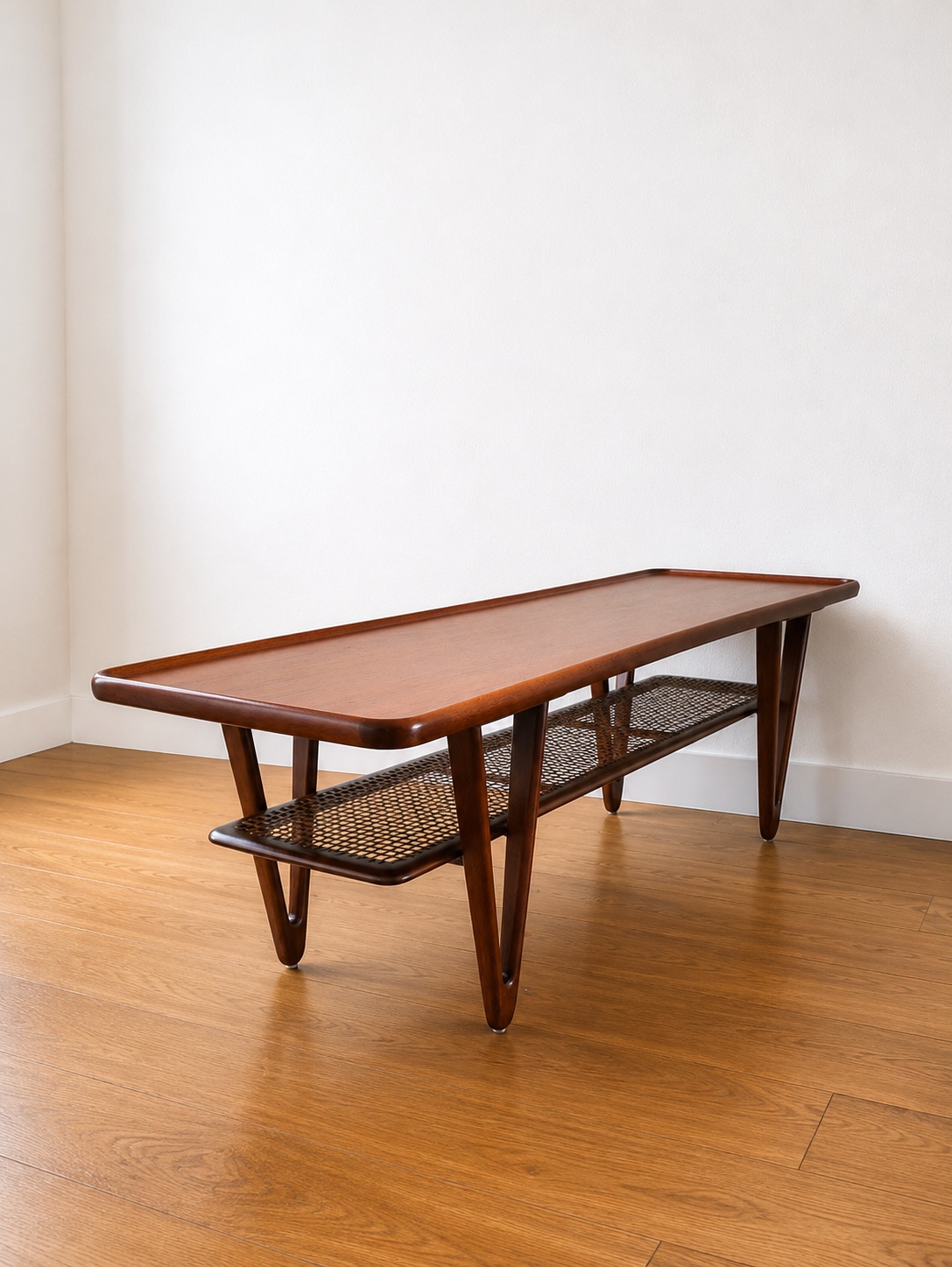 Mid-Century Kurt Østervig Teak, Cane Coffee Table With V shape legs 1950 Denmark