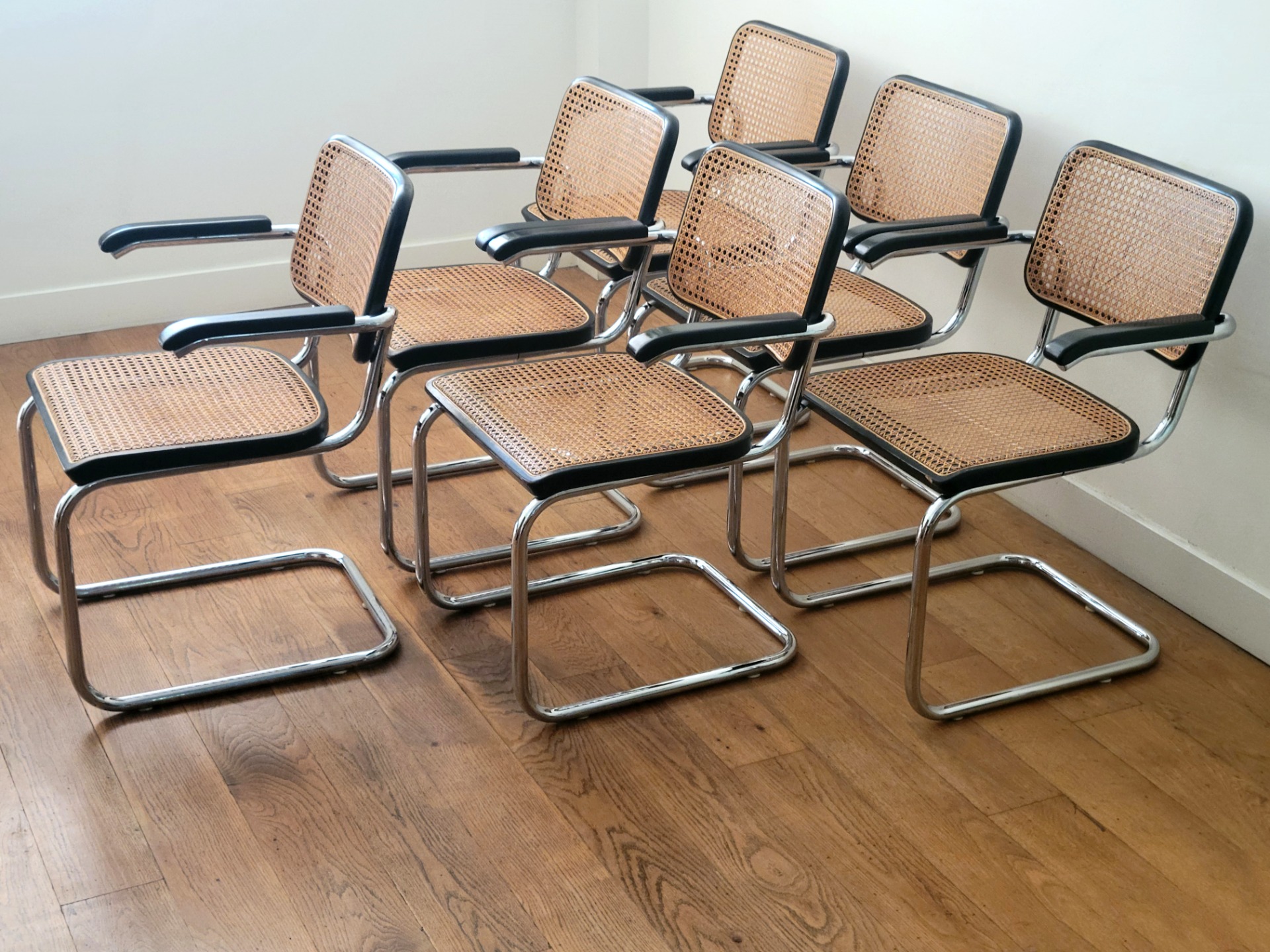 Set of 6 Thonet S64 Cantilever Chairs by Marcel Breuer in black beech and original cane, 1992